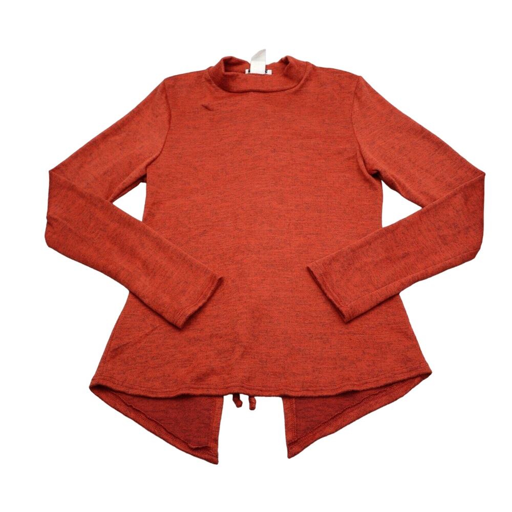 Many Many Shirt Womens L Orange Long Sleeve Mock Neck Tight Knit Stretch Tie